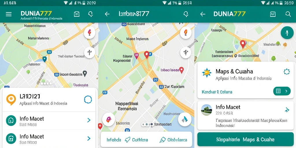 Antarmuka aplikasi DUNIA777 menampilkan informasi kemacetan dan cuaca.