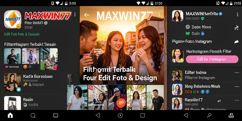 Antarmuka aplikasi MAXWIN77 dengan berbagai pilihan filter kreatif untuk foto.
