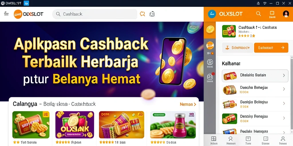 Antarmuka aplikasi OLXSLOT yang menampilkan penawaran cashback menarik.